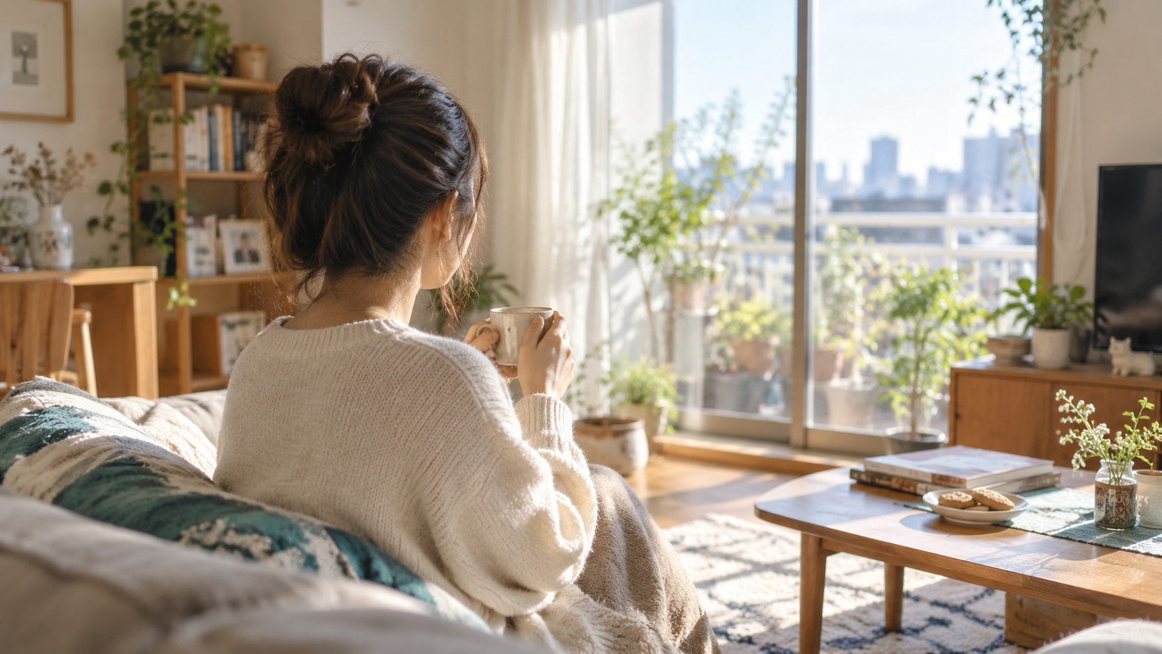 日差しの入る部屋で、自分の時間を穏やかに過ごす人