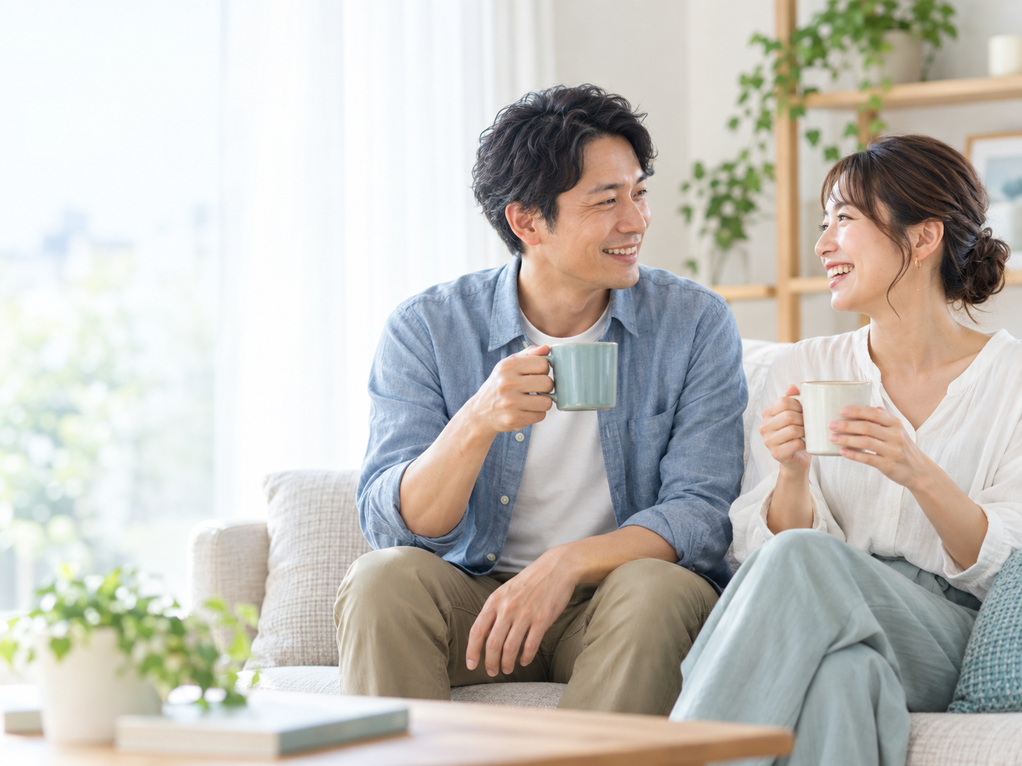 明るい部屋で自然に会話を楽しむ男女